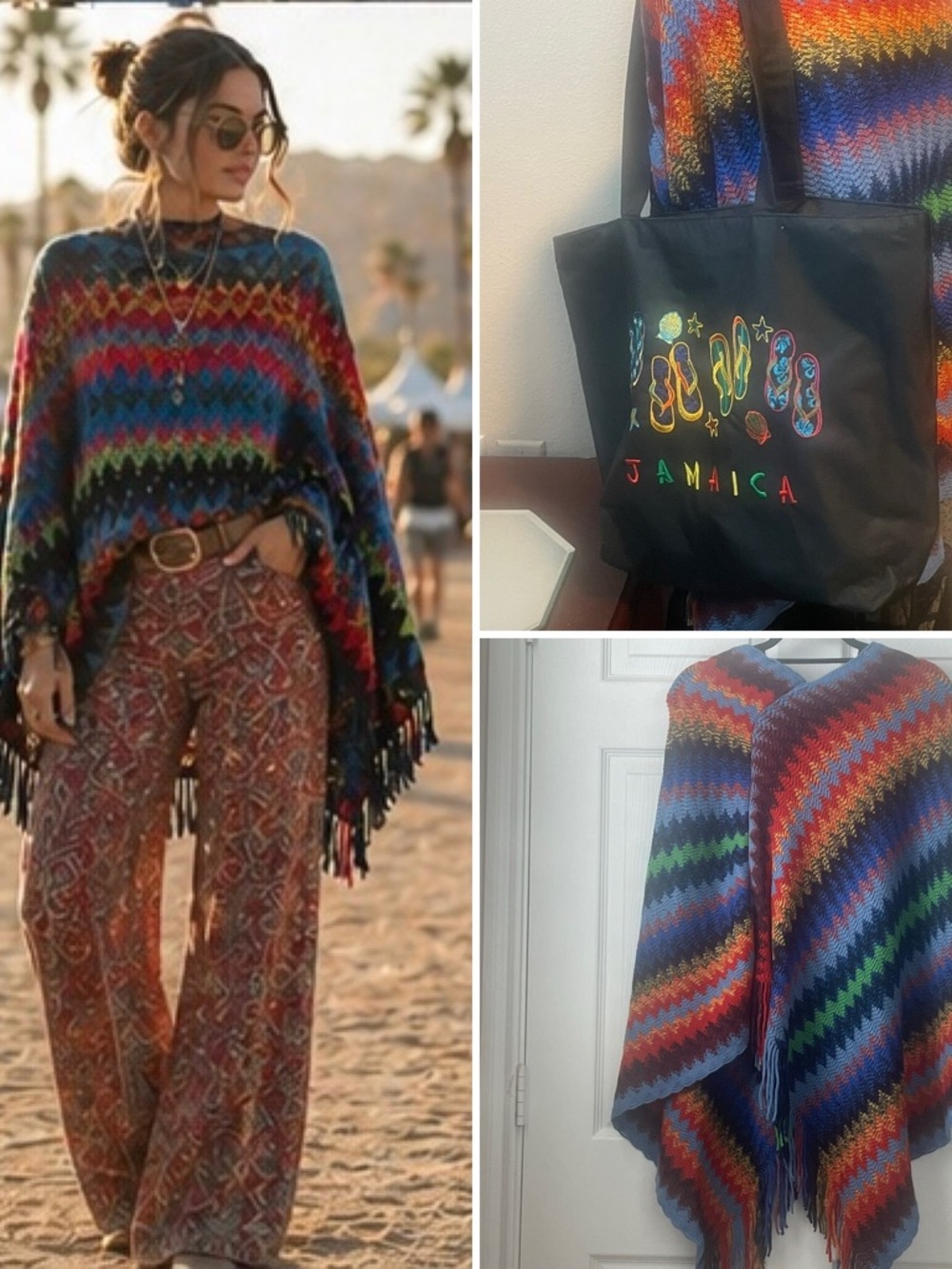 Colorful Zigzag Crochet Poncho with Fringe